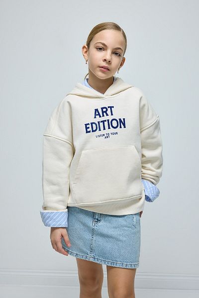 DeFacto Girls' Hooded Printed Sweatshirt - Soft Feather, Oversize D4296A824Wn