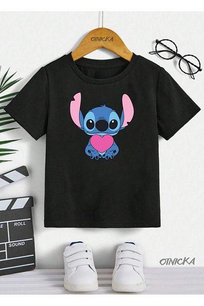 OTNICKA Tricou negru pentru copii cu imprimeu STITCH cu design special