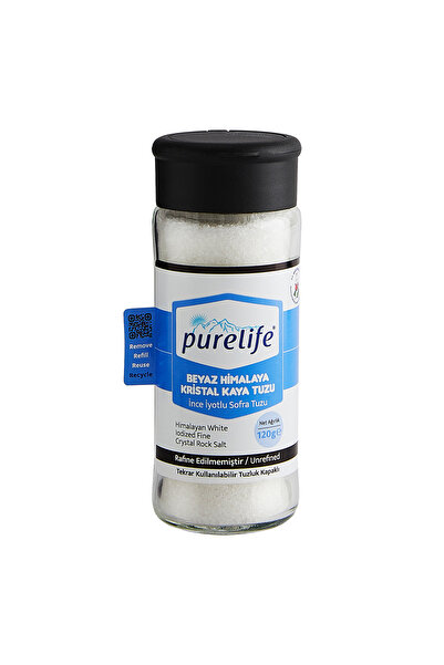 PureLife Himalaya Tuzu Beyaz İnce İyotlu Tuzluk Kapaklı Cam 120g | Rafine Edilmemiş Doğal | Zengin Mineralli