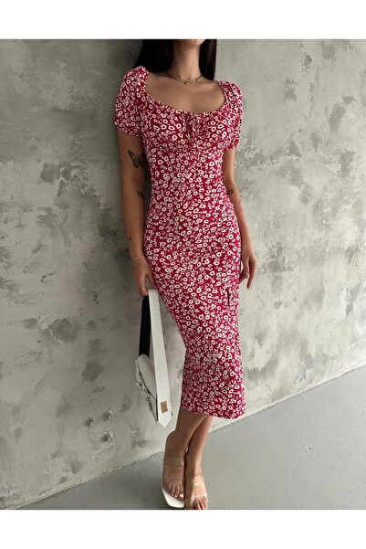 LUXLIGHT Kadın Bürümcük Kumaş Çiçek Desenli Yırtmaçlı Uzun Elbise