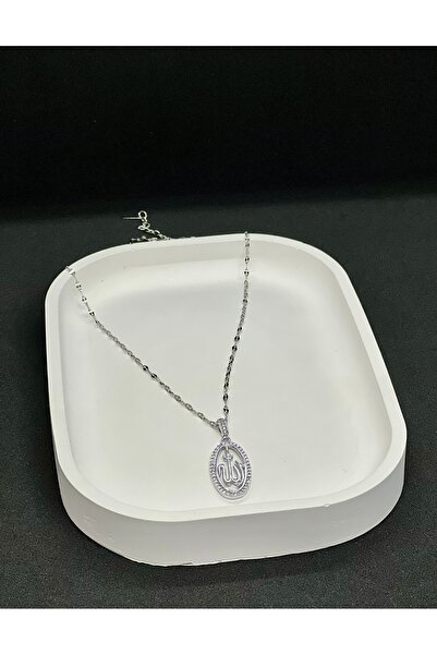 TuQos Allah Yazılı Çelik Kolye Taşları Zirkon Gümüş Renk Kararmaz Ve Paslanmaz