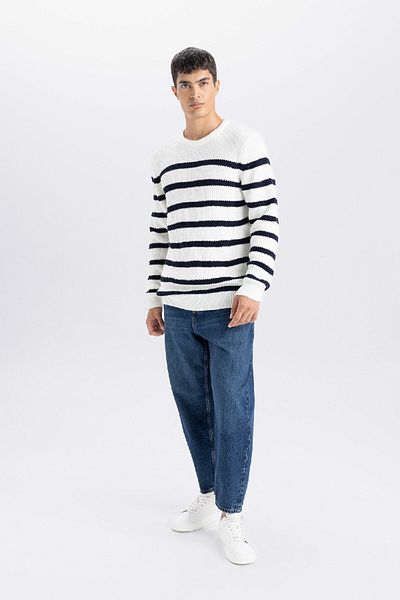 DeFacto Standard Fit Regular Cut Crew Neck Striped Knitwear Sweater B0546Ax24Wn