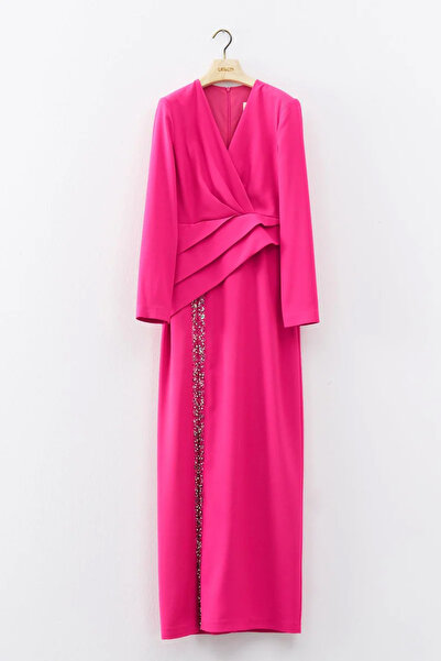 cercis Drape ve İşleme Detaylı Yırtmaçlı Uzun Abiye Elbise