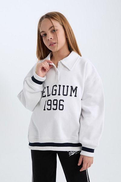 DeFacto Fata - Hanorac oversize cu imprimeu cu gât polo D3497a824wn