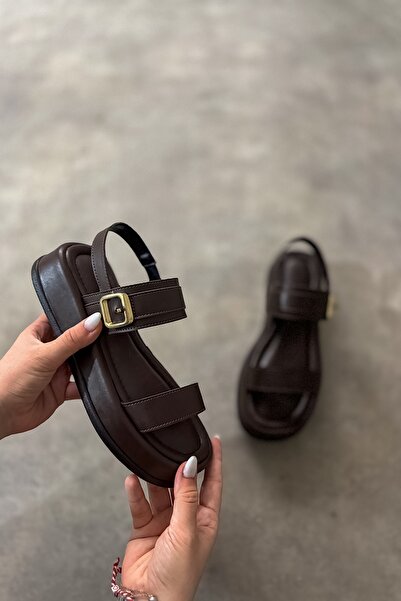 SHOEBELLAS Mayra Acı Kahve Tek Tokalı Kadın Sandalet