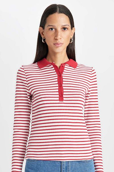 DeFacto Slim Fit Slim Fit Polo-Ausschnitt, geknöpftes, gestreiftes, geripptes Camisole-Langarm-T-Shirt D5140ax24au