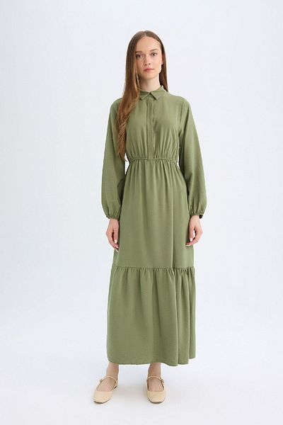 DeFacto Maxikleid mit Hemdkragen – gerader Knopf, geraffte Taille, lange Ärmel D5851ax24au