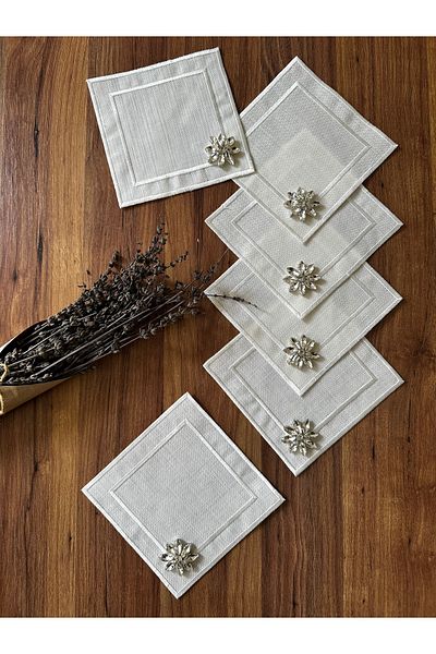 NURHAN HOME COLLECTION 6 Pieces Stone Detailed Square Coffee Side, Cocktail, Presentation Napkin