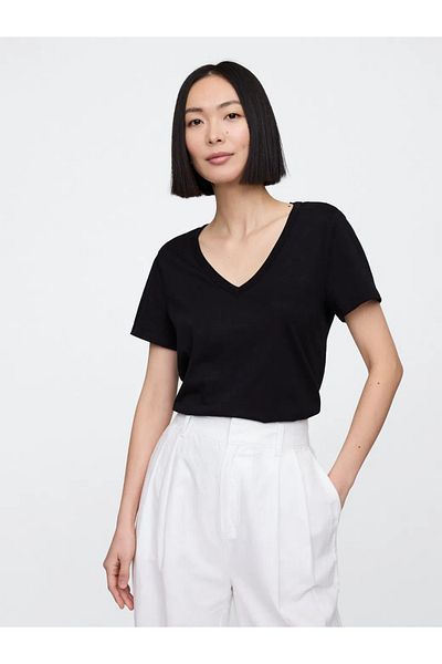 GAP Tricou negru din bumbac cu decolteu în V pentru femei