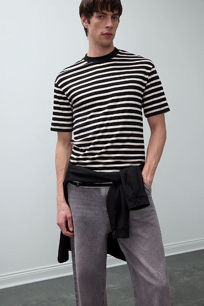 DeFacto Boxy Fit Crew Neck Striped Short Sleeve Heavy Fabric T-Shirt B5910Ax25Sp