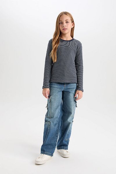 DeFacto Girl's Slim Fit Slim Fit Crew Neck Striped Long Sleeve T-Shirt D0704A824Au