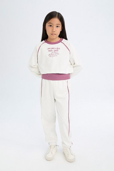 DeFacto Girl's 3-Piece Set - Crew Neck Printed Crop Sweatshirt, Basic Undershirt, Elastic Waist Jogger Tracksuit a