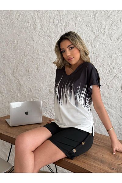 Kokosh moda Γυναικεία κοντό μανίκι με λαιμόκοψη V με μικροσκοπική λεπτομέρεια μπλούζα κατάδυσης + λεπτομέρεια με κουμπί