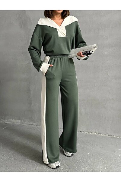 VESS MODA Women's Premium Quality Stripe and Snap Detailed Modal Fabric Bottom Top Tracksuit Set