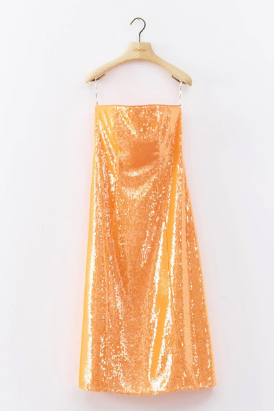 cercis Payetli Straplez Midi Abiye Elbise