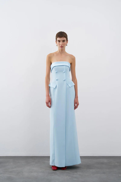 cercis Straplez Cep Kapaklı Uzun Abiye Elbise