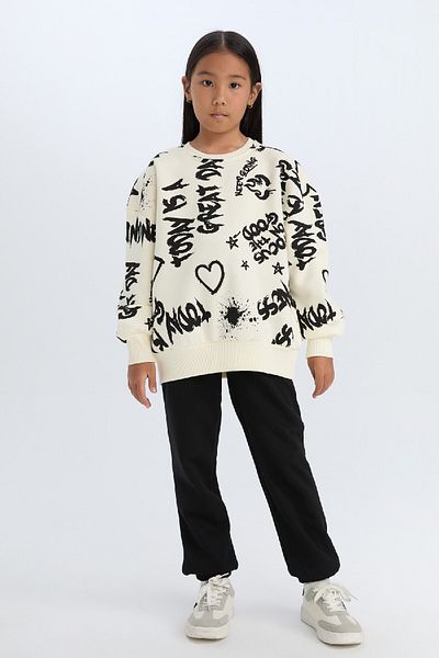 DeFacto Set aus gemustertem Sweatshirt und Jogginghose für Mädchen – dickes Rundhalsausschnitt, elastische Taille, D4871a824wn