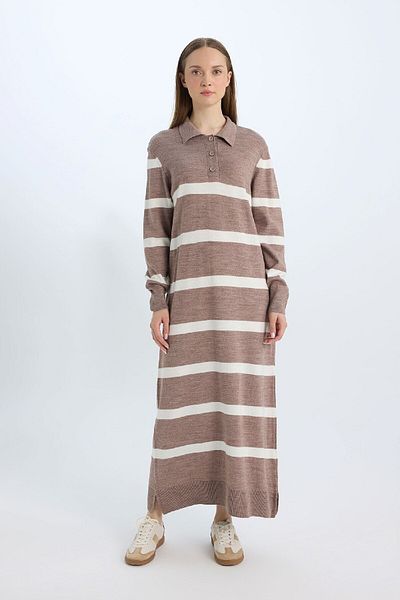 DeFacto Regular Fit Maxikleid mit Polokragen, geknöpft, gestreift, langärmlig, D6523AXNS