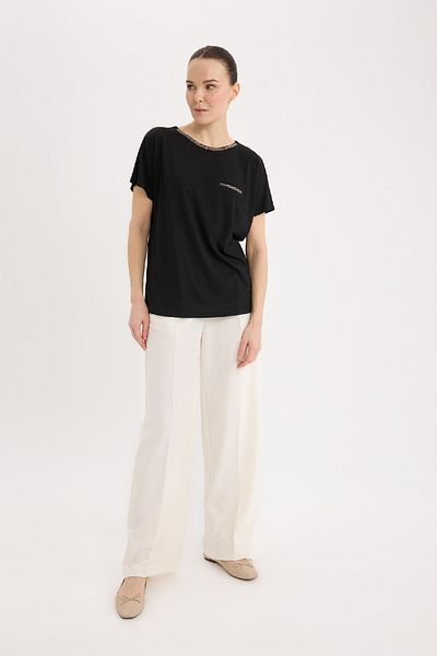 DeFacto Tricou negru cu mânecă scurtă cu imprimeu cu gât roșu K7701AZ25SP
