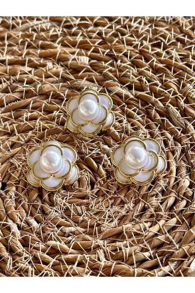ODDA TASARIM ATÖLYESİ New Summer Collection White Flower Model Pearl 3-Piece Button Set (2.5 cm)