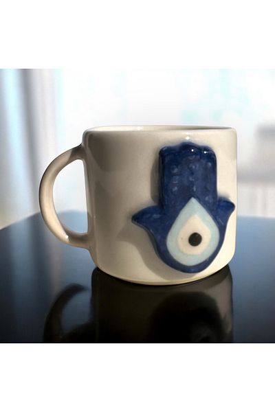 PINKU Ceramics Handmade Turkish Coffee Cup with Evil Eye Beads