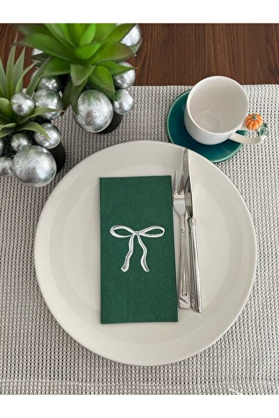 kidspartim Gümüş Yaldızlı Yeşil Fiyonk Baskılı Garson Katlama Peçete 16 Adet