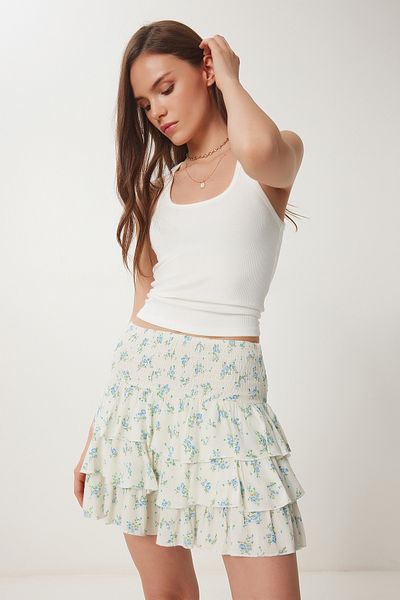 Lovelyİstanbul Fusta mini de vară cu volan floral BLUE CREAM LUB0103