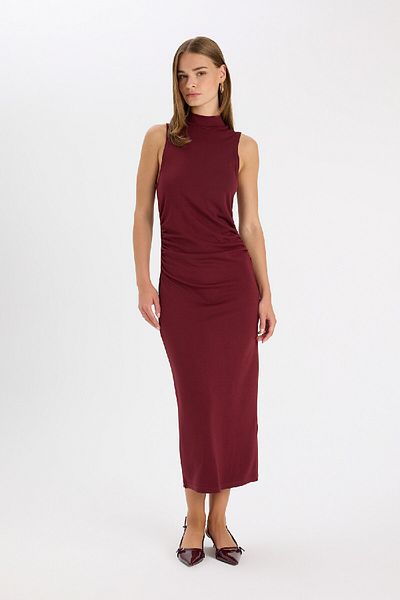 DeFacto Claret Red Bodycon Maxi Φόρεμα - Μισό ζιβάγκο, Αμάνικο D5067ax24au