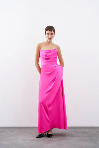 cercis Straplez Drape Detaylı Uzun Abiye Elbise