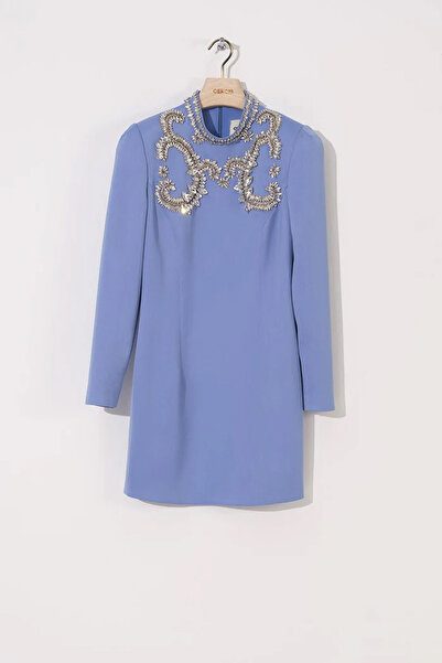 cercis Saten Kasnak İşleme Uzun Kollu Mini Elbise