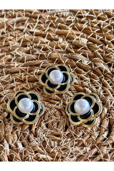 ODDA TASARIM ATÖLYESİ New Summer Collection Black Flower Model Pearl 3-Piece Button Set (2.5 cm)
