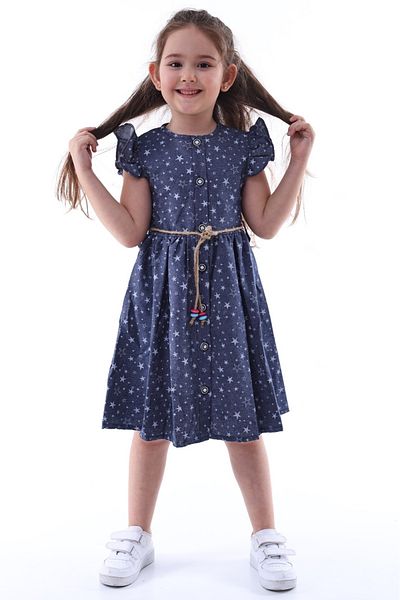Fox Moda 100% Cotton Girls' Star Pattern Denim Dress with Belt Detail 4-8 Years