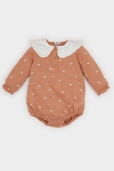 DeFacto Baby Girl Newborn Patterned Long Sleeve Jumpsuit with Snap Fasteners D6018A524Wn