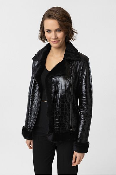 Deriderim Violet Black Crocodile Print Zippered Biker Women's Coat