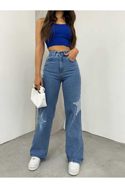 Vovikon Kn Yıldız Nakışlı Boyfriend Bol Paça Kadın Jean Pantolon