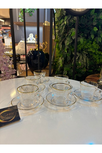 Paşabahçe ARS Gold Altın Yaldızlı Tasarım Kahve Fincanı 6 Kişilik 12 Parça Kulplu Cam Çay Fincanı Takımı, Set