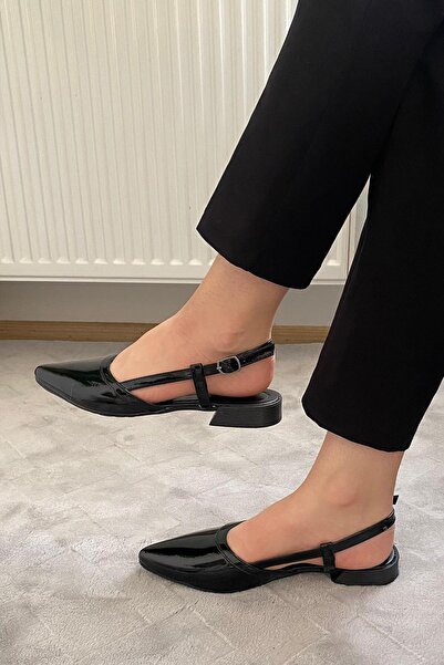 Preshley Women's Tena Black Patent Leather Open Back Pointed Toe Daily Ballerinas