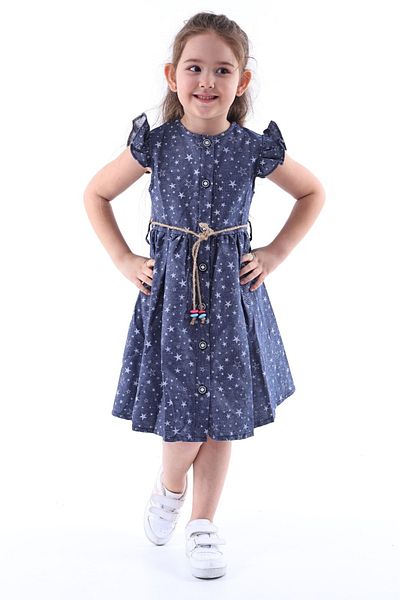 Fox Moda 100% Cotton Girls' Star Pattern Denim Dress with Belt Detail 4-8 Years