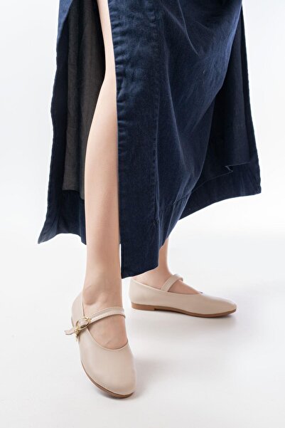 Aymood Inf-324 Beige Hard Hat Buckle Daily Women's Ballerinas