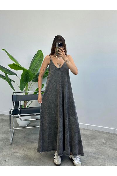 BRGCLOTHING Rochie de vară cu bretele spălate antracit pentru femei – potrivire confortabilă, lungă, stil vintage