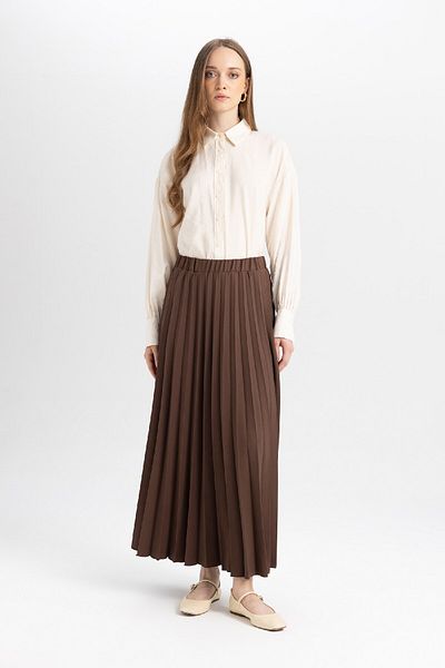 DeFacto Pleated Stretch Waisted Basic Plain Maxi Basic Skirt 3173381
