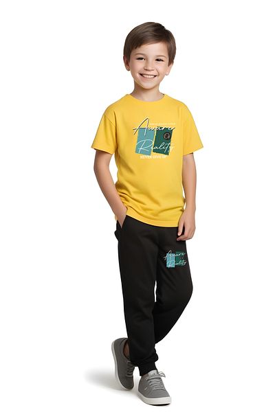 FYK KİDS Boy's Give up Text Printed Summer Top-Bottom Set