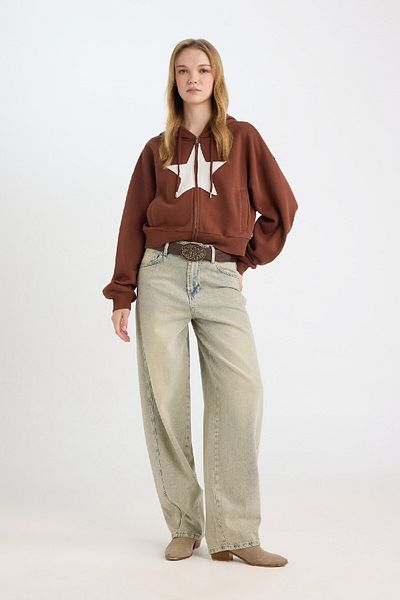 DeFacto Thick Kangaroo Pocket and Zippered Hooded Printed Sweatshirt 3166465