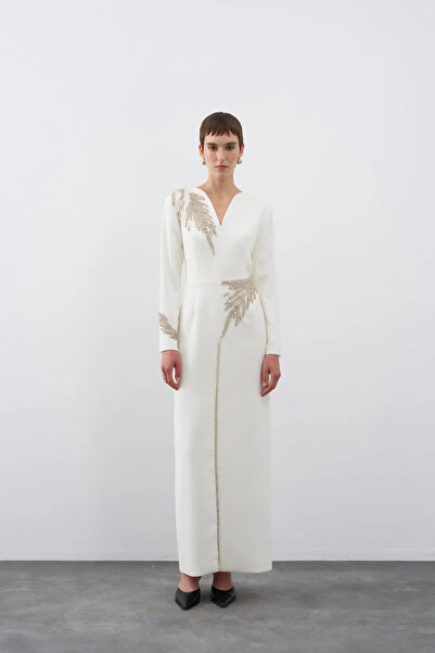 cercis Taş İşlemeli V Yaka Önden Yırtmaçlı Uzun Abiye Elbise