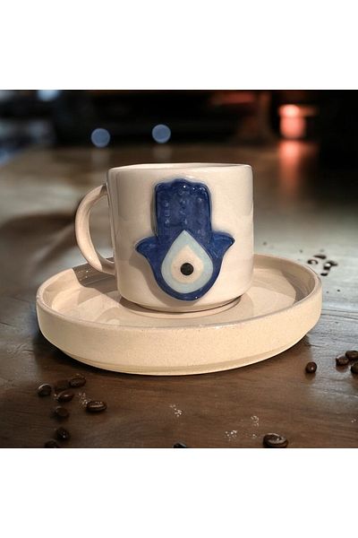 PINKU Ceramics Handmade Turkish Coffee Cup with Evil Eye Beads