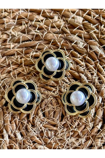 ODDA TASARIM ATÖLYESİ New Summer Collection Black Flower Model Pearl 3-Piece Button Set (2.5 cm)