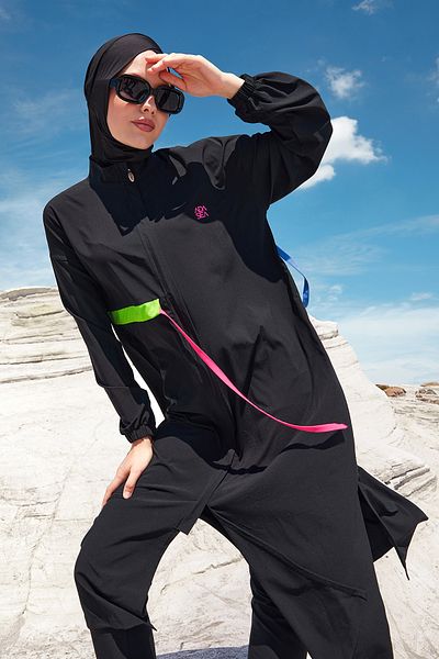 Adasea Μακρύ Ολόσωμο Αθλητικό Lycra Ολόσωμο Μαγιό Hijab 1228 Μαύρο