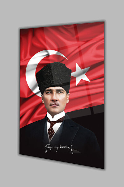 Genel Markalar Atatürk Portre ve Türk Bayrağı Dikey Cam Tablo, Modern Duvar D...