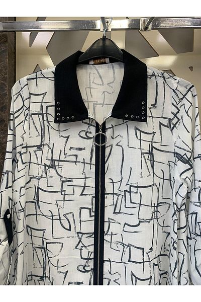 günay boutıque Large Size Patterned Zippered Collar Stone Linen Jacket