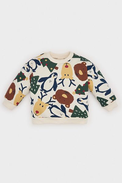 DeFacto Baby Boy Crew Neck Christmas Themed Printed Soft Furry Inside Sweatshirt D6728A524Wn